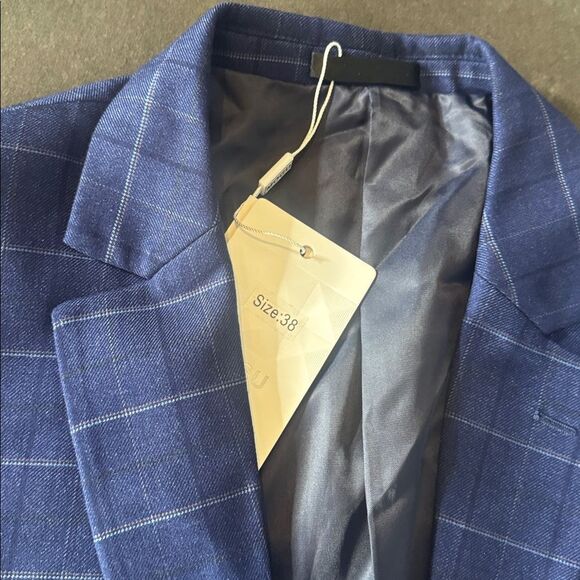 Men’s Blue Plaid 3 Piece Slim Fit Formal Business Suit Jacket 38 Pants 34 NWT - Picture 8 of 15